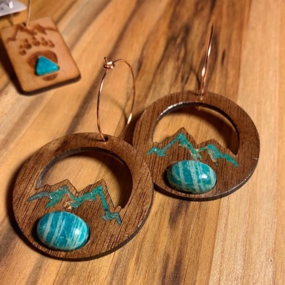 NWOT Handmade wood and amazonite mountain earrings